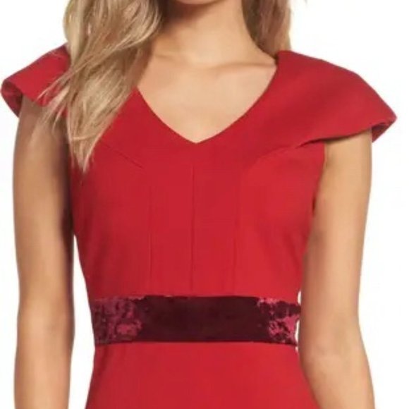 Taylor(Dillards) Perfect ❤️ Dress Velvet Trim Crepe Sheath Dress in Scarlet RED - Picture 1 of 8